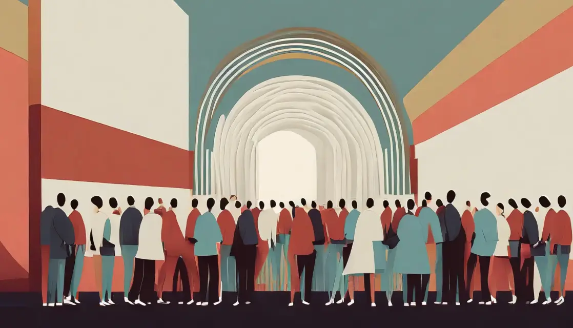 An abstract illustration shows a large group of people gathered in front of a tunnel-like archway, with muted tones of red, teal, and beige. Battle Royal Studios