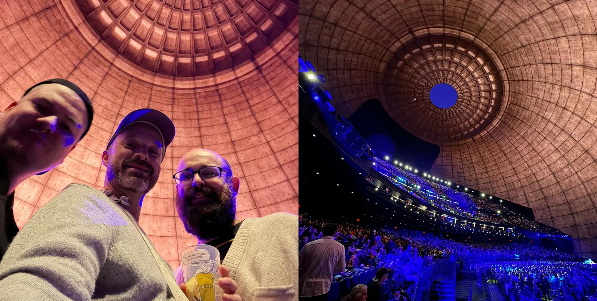 Three men pose under a massive dome ceiling, while a packed auditorium sits beneath the same dome, lit in blue. Battle Royal Studios