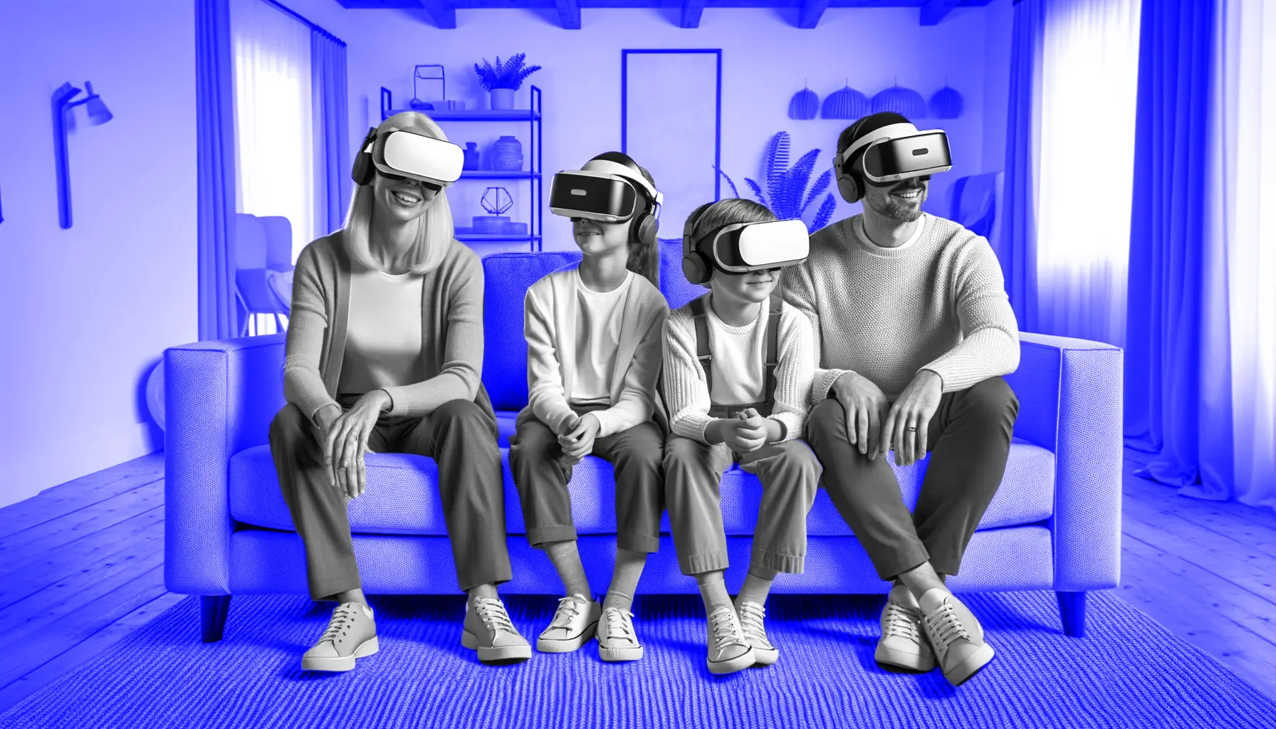 A family of four sits on a couch wearing virtual reality headsets, smiling and engaging with the immersive experience. Battle Royal Studios