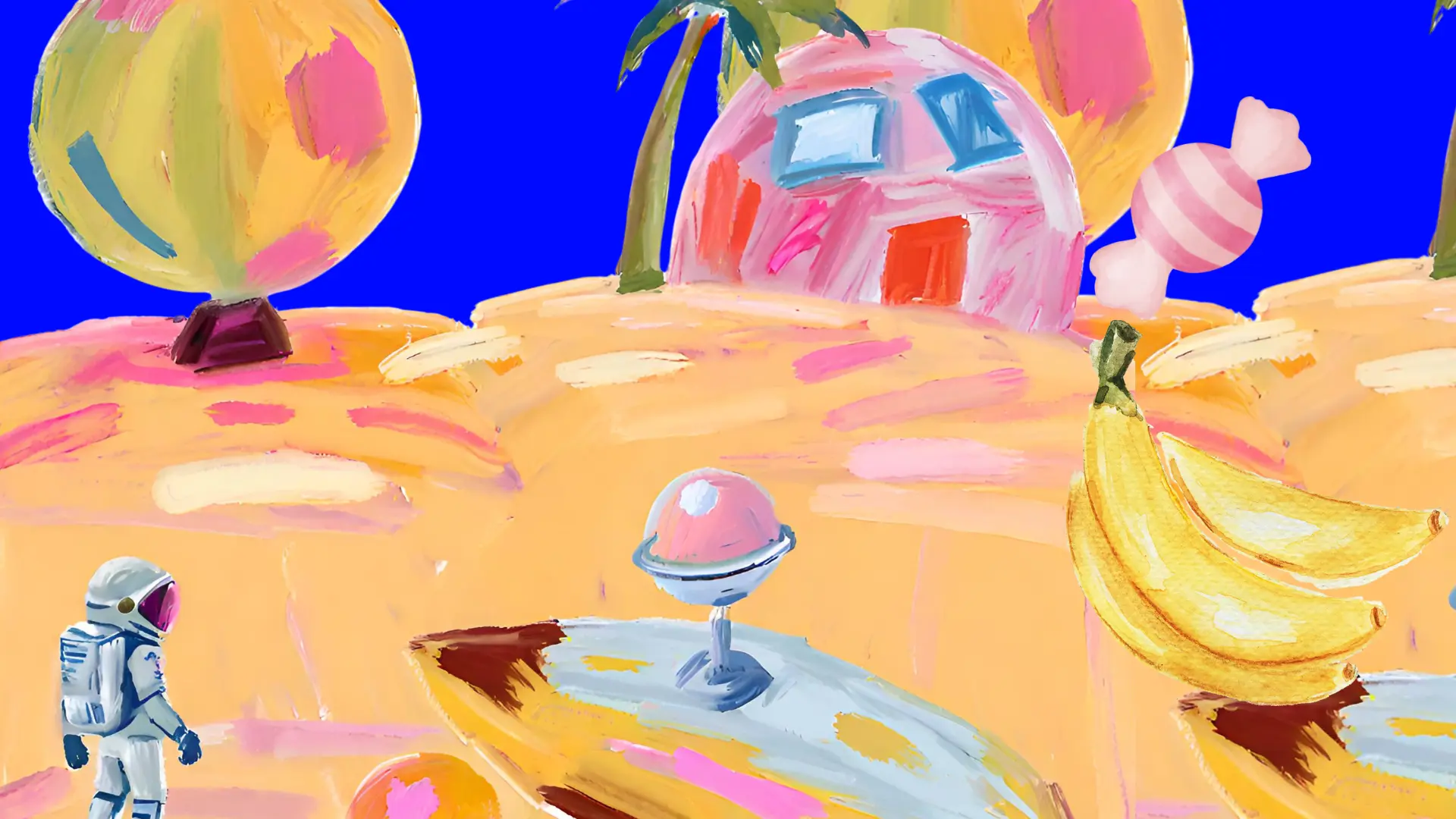 A colorful painting featuring an astronaut on a whimsical landscape with oversized fruit, a pink house, and palm trees. Battle Royal Studios