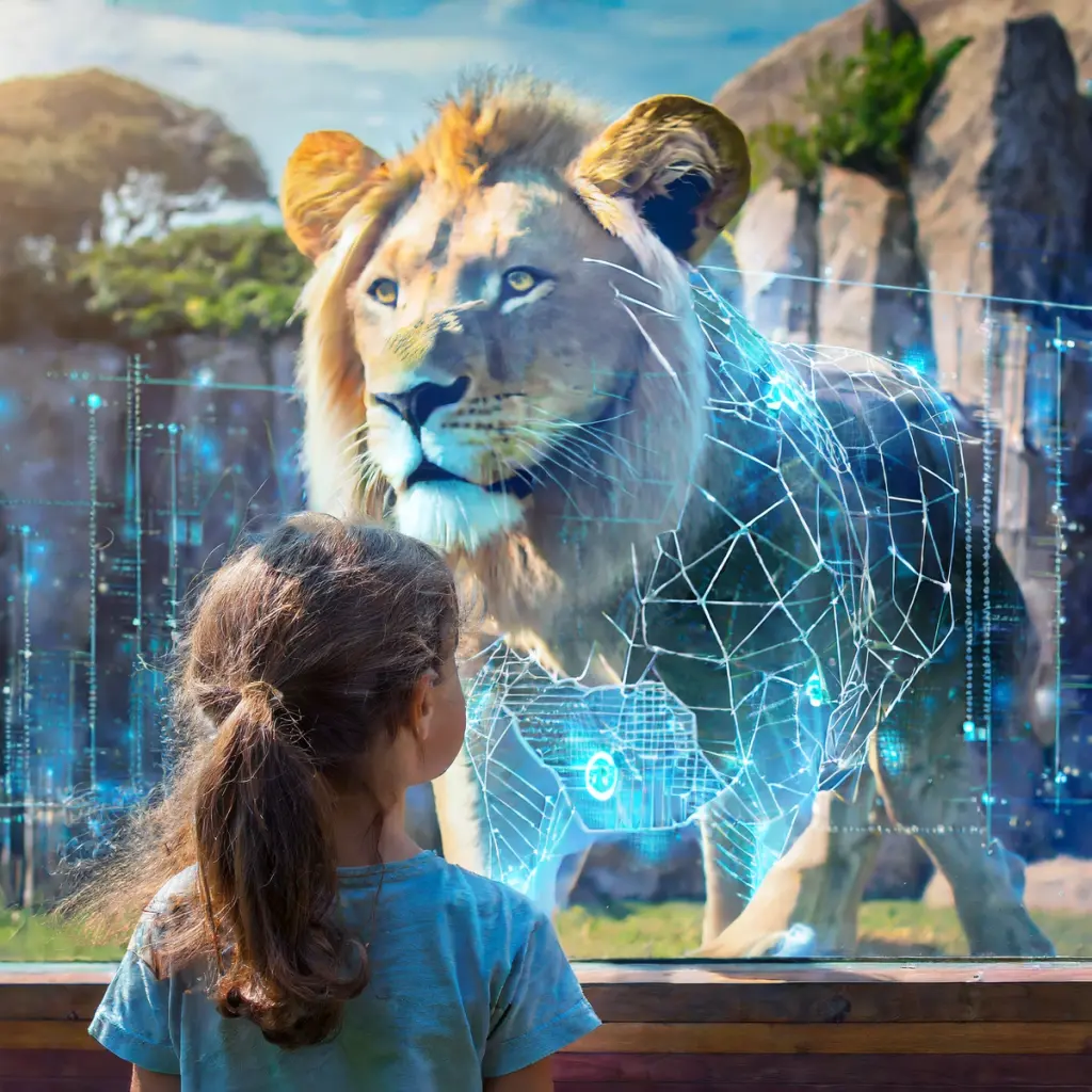 A young girl looks at a digitally enhanced lion, featuring futuristic holographic elements. The scene merges nature with virtual technology, emphasizing an immersive experience. Battle Royal Studios