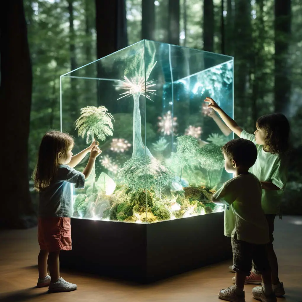 Three children interact with a glowing glass display case featuring miniature trees and plants in a forest setting. BattleRoyalStudios