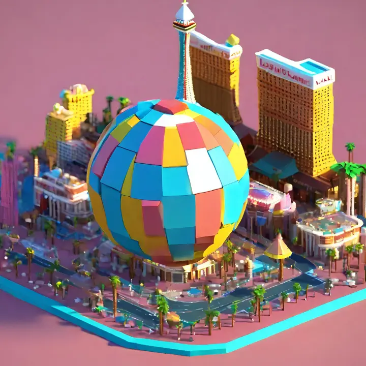 Colorful 3D model of a cityscape featuring a large, patchwork-style spherical structure surrounded by buildings and palm trees. BattleRoyalStudios