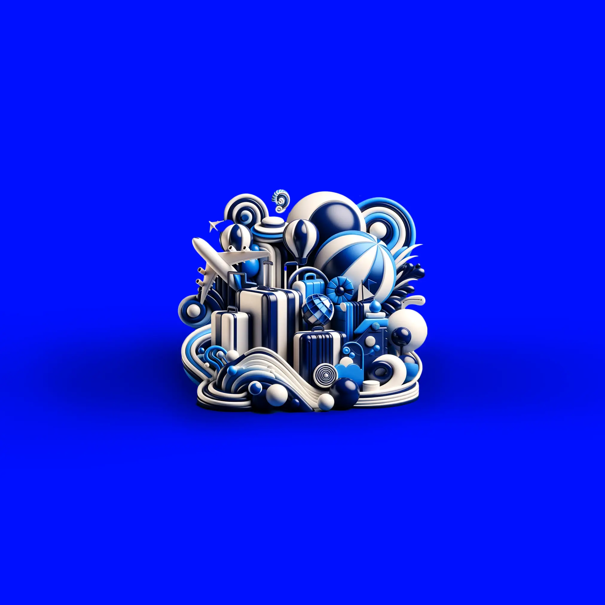 A detailed 3D illustration featuring abstract cityscape elements, balloons, and flowing shapes in blue and white tones against a vibrant blue background. Battle Royal Studios