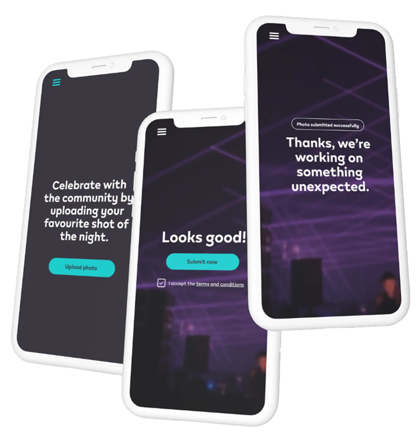 Three smartphones displaying a photo submission interface with prompts like "Upload photo" and "Thanks, we’re working on something unexpected." Battle Royal Studios