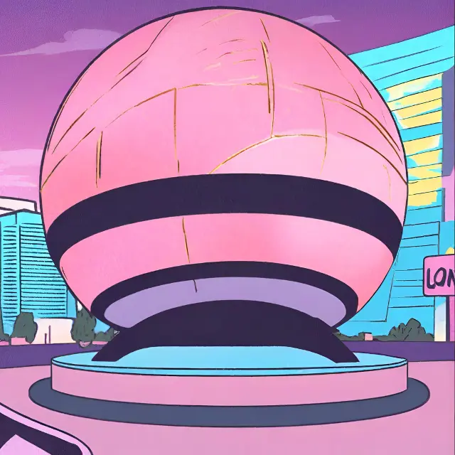 Cartoon-style illustration of a large pink spherical structure set in a cityscape with modern buildings. BattleRoyalStudios