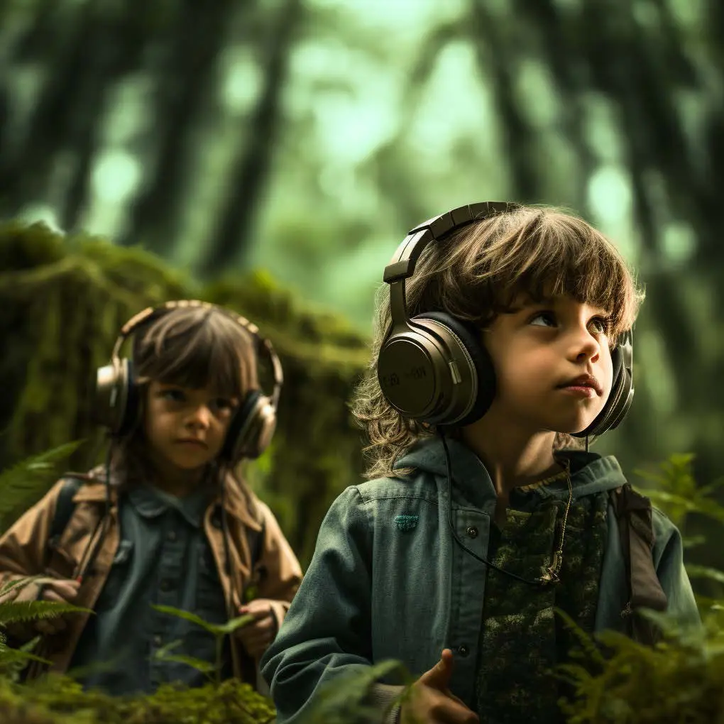 Two young children explore a forest while wearing large headphones, surrounded by lush green foliage. Battle Royal Studios