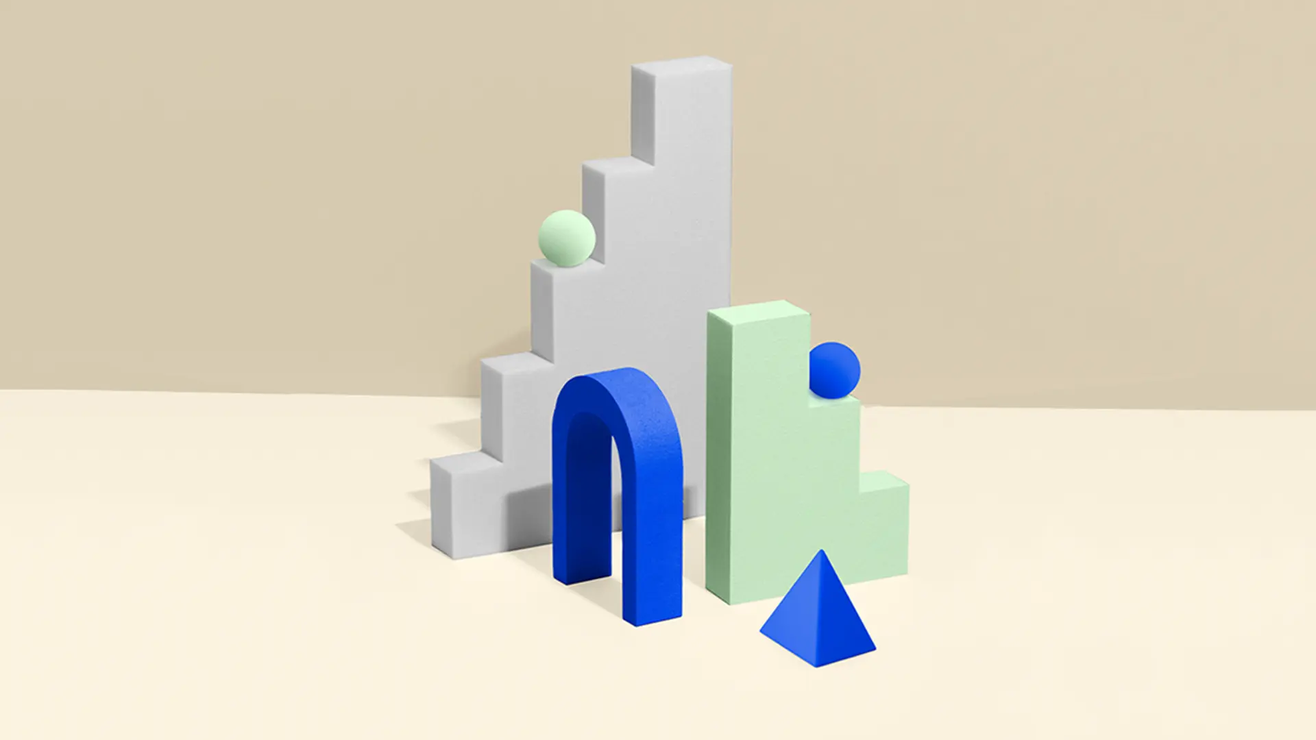 A collection of minimalistic 3D shapes, including stair-like blocks, an arch, and a pyramid, arranged on a neutral background. The colors feature soft pastels and bright blues, giving the scene a geometric and abstract feel. BattleRoyalStudios