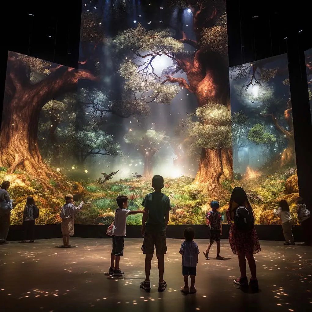 A group of people, including children, stand in awe of a large immersive digital forest display, with glowing trees and wildlife. BattleRoyalStudios