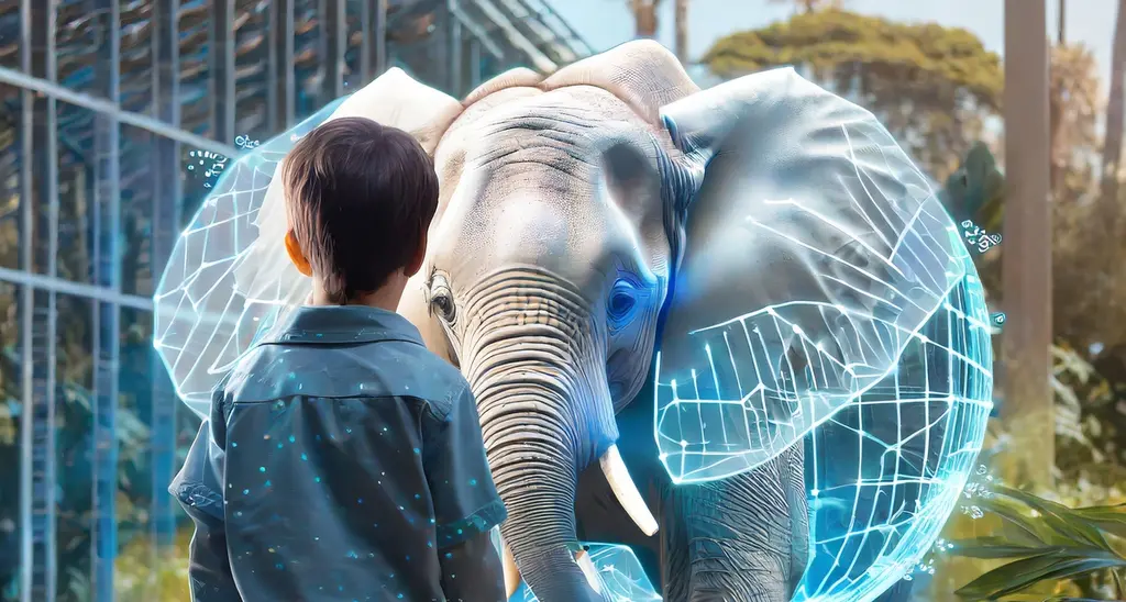 A young boy stands in front of a digitally enhanced elephant, featuring holographic designs overlaid on the animal's body. The image highlights a blend of wildlife and futuristic technology. Battle Royal Studios