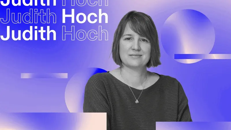 Black and white portrait of a woman on a blue graphic background with her name repeated