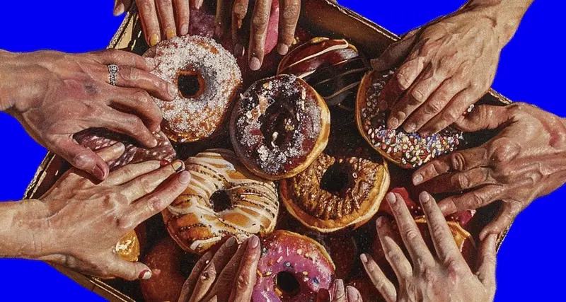 Several hands reaching towards a box of colourful donuts on a blue background