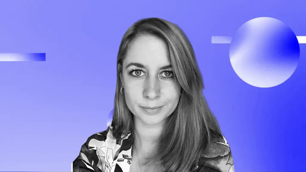 Black and white portrait of a young woman on a blue graphic background