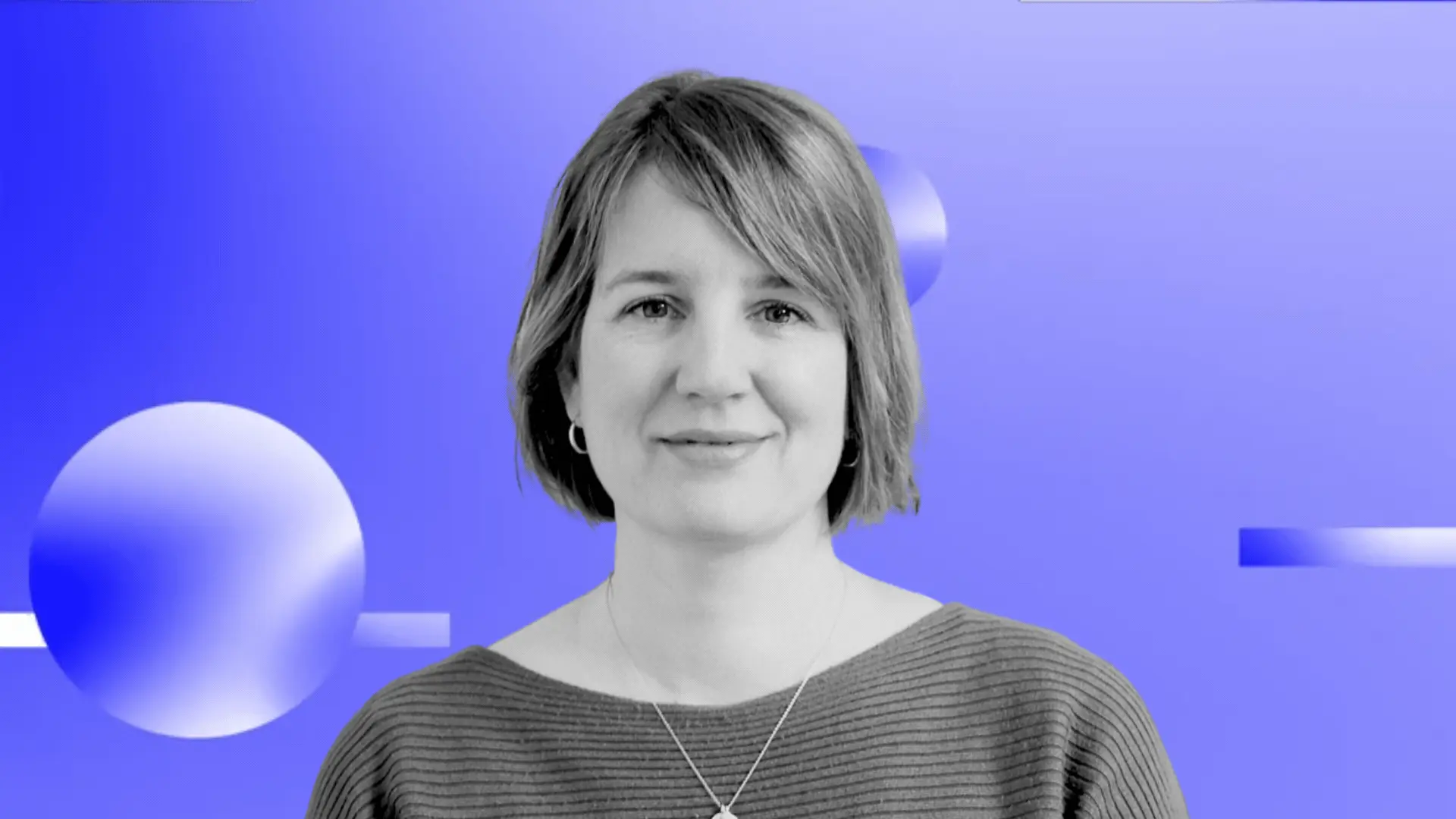 Black and white portrait of a woman on a blue graphic background