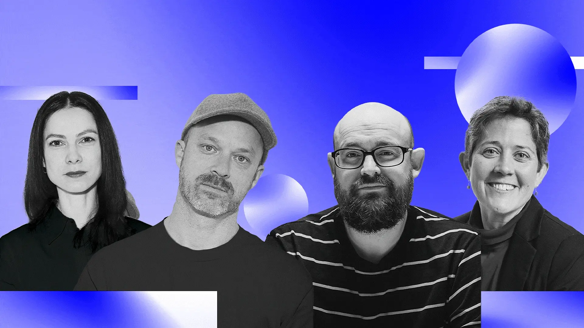 Black and white portrait of four people standing together on a blue graphic background
