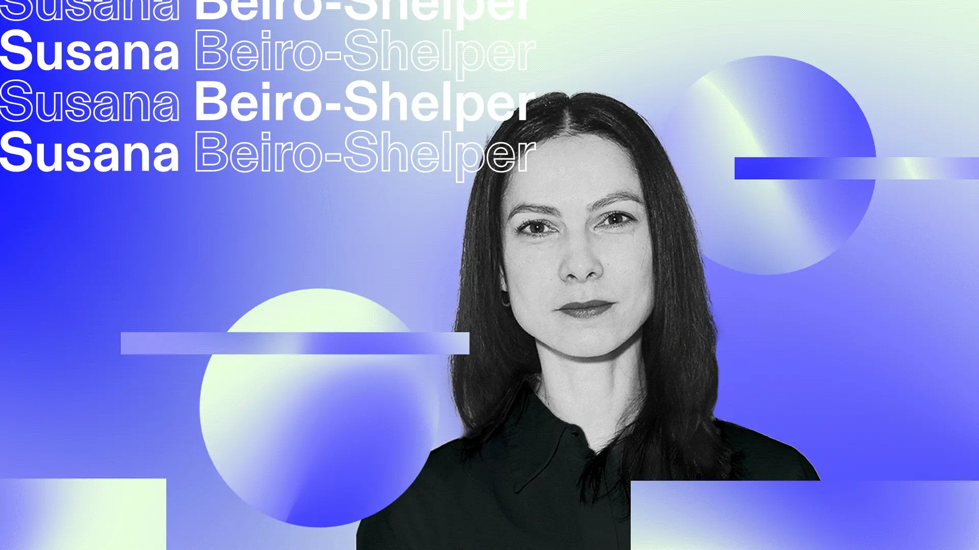 Black and white portrait of a woman with dark hair on a blue graphic background with her name repeated