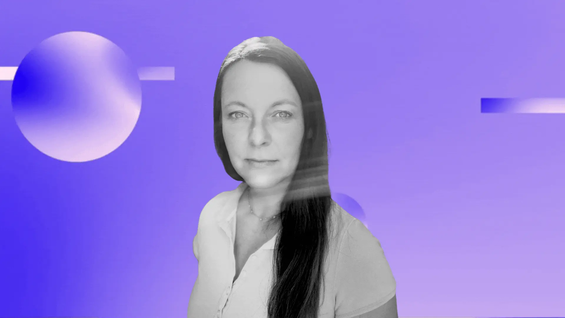 Black and white portrait of a woman with long hair on a purple graphic background