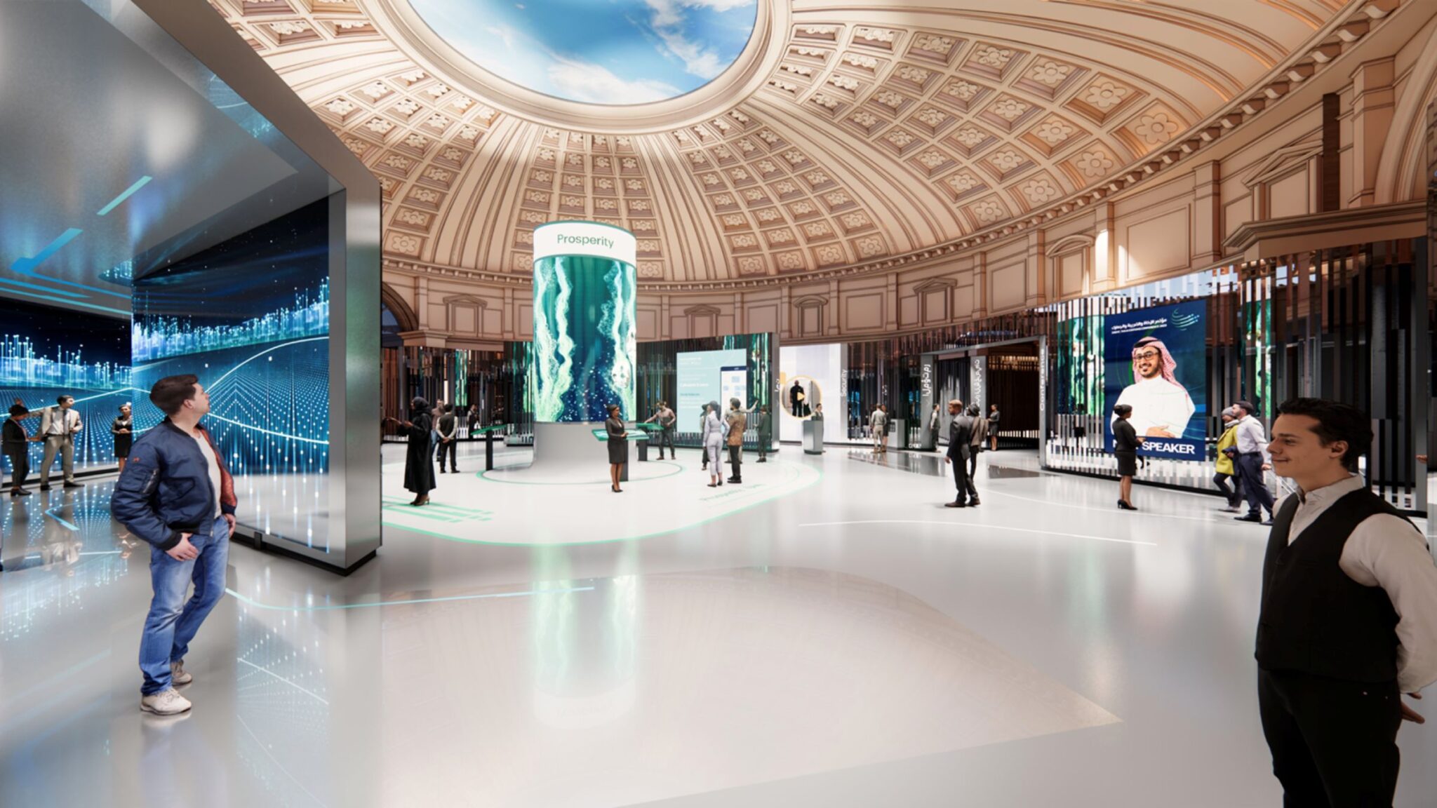 People standing in an exhibition hall with digital displays and a large central column featuring graphics and information. Battle Royal Studios.