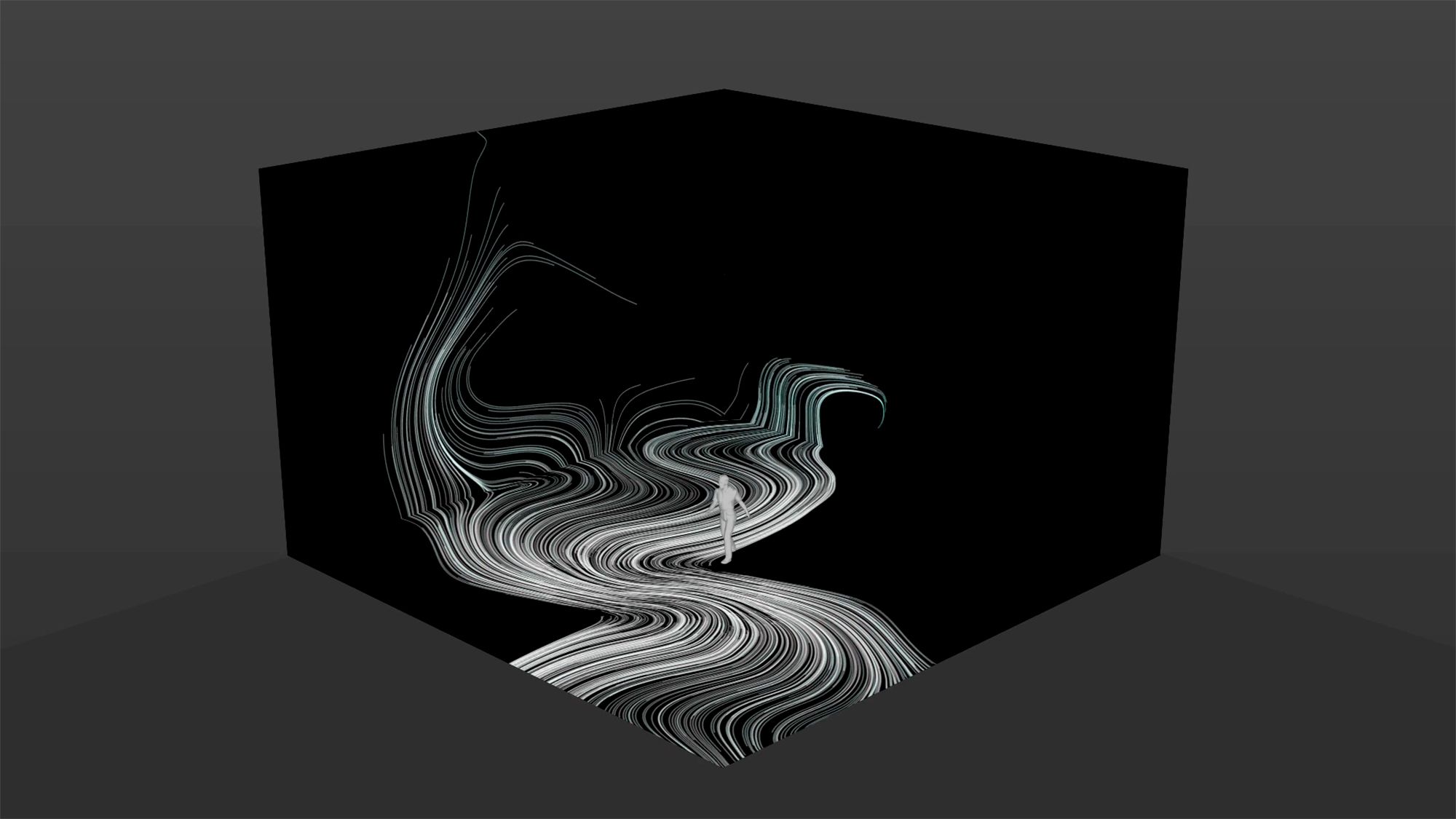 A grey 3D render of a dark cube-shaped set with a flowing white ribbon of light projected inside.
