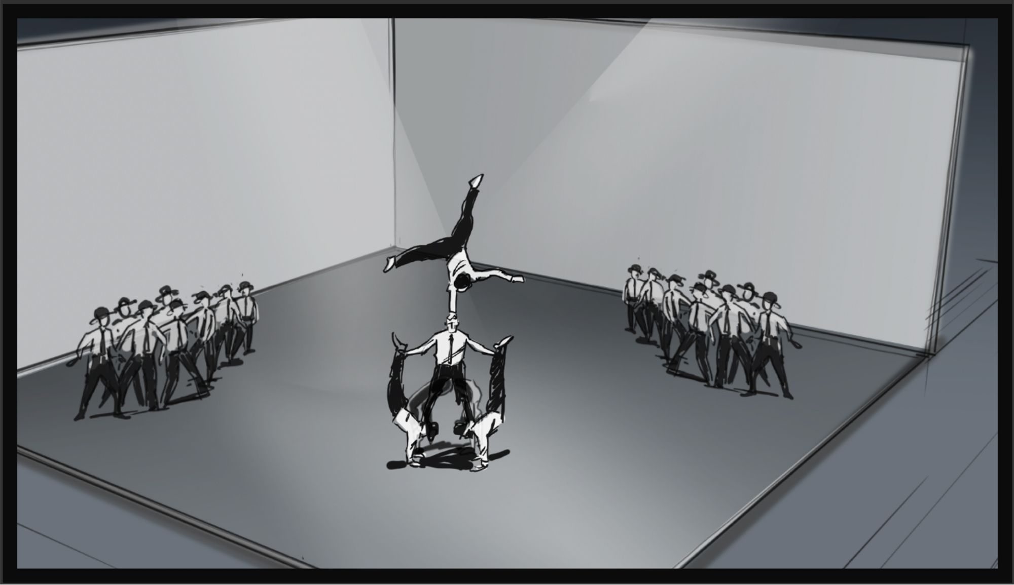 A grey 3D render of a corner stage set with an acrobat in a handstand at the centre and two groups of performers on either side.