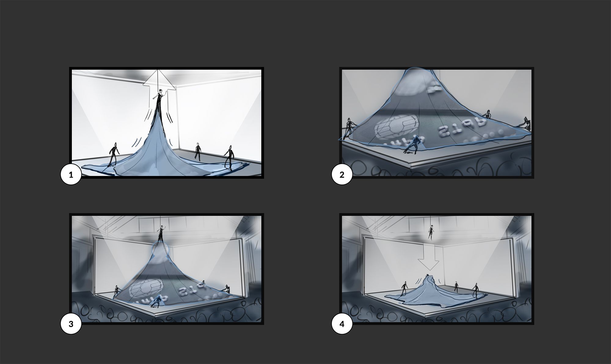 A storyboard of four grey sketches showing a corner stage set with a peaked projection shape in different scenes.