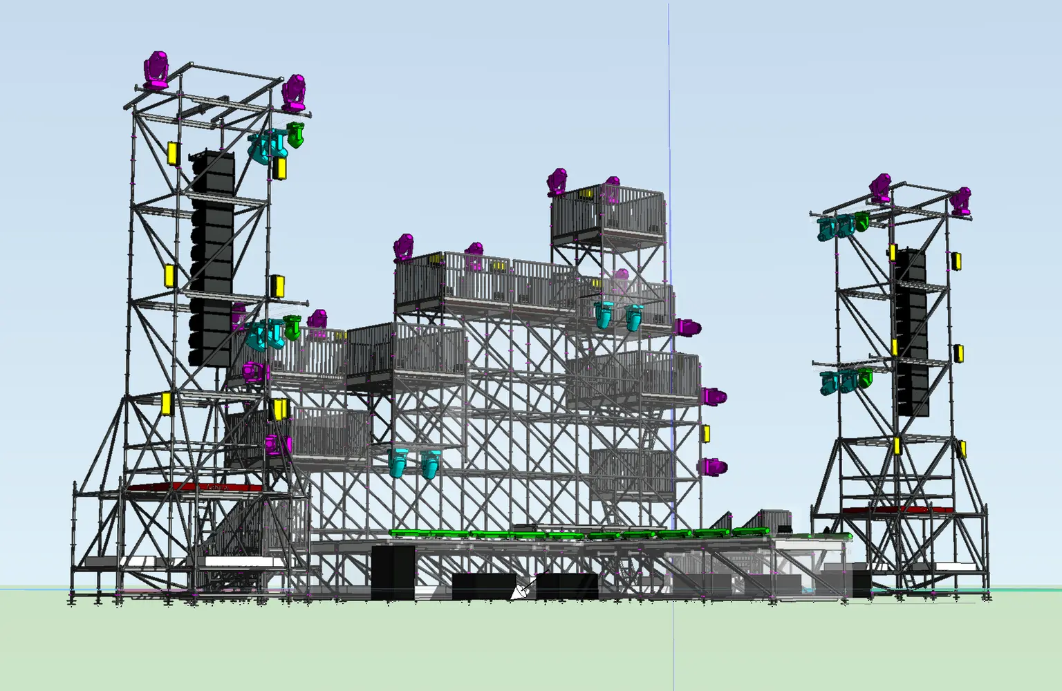 A technical drawing of a stage structure seen from a front angle, showing tiered platforms, towers and supporting framework in outline.