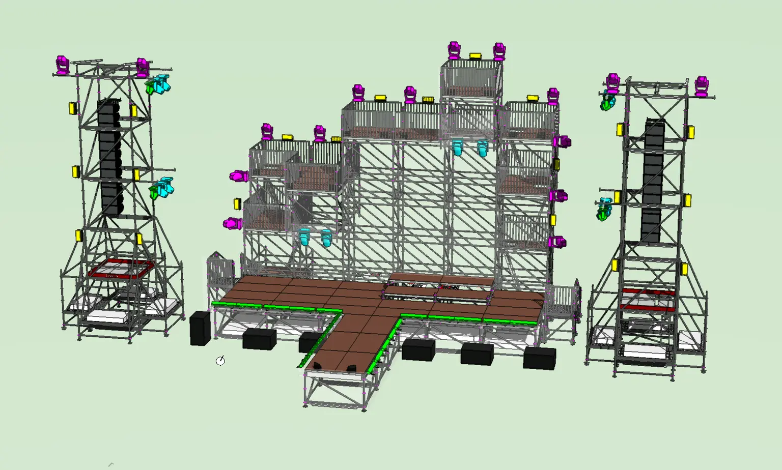 A technical drawing of a stage structure shown against a pale green background, with scaffolding towers, platforms and rigging drawn in fine detail.
