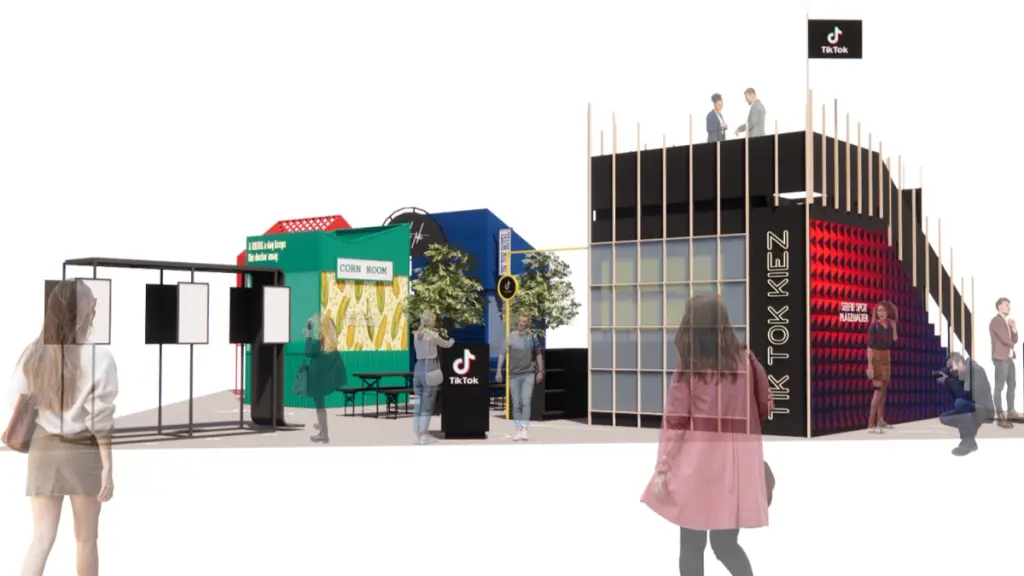 A colour design visualisation of a two-level exhibition structure with house-shaped forms, an open staircase and a planted area, with simplified figures standing nearby.