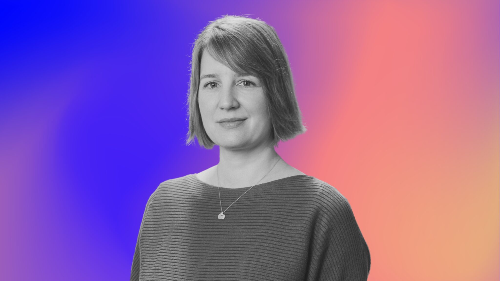 Black and white portrait of a woman with short hair on a pink and blue gradient