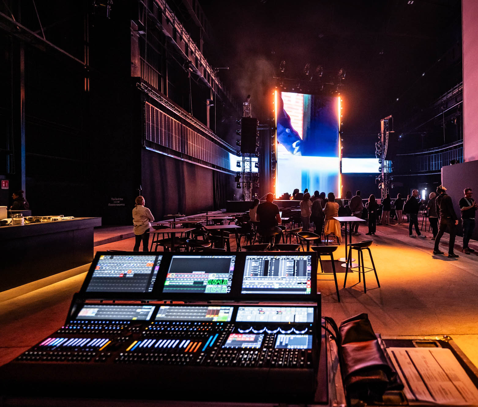 Lighting and sound control desk overlooking the venue during set-up.