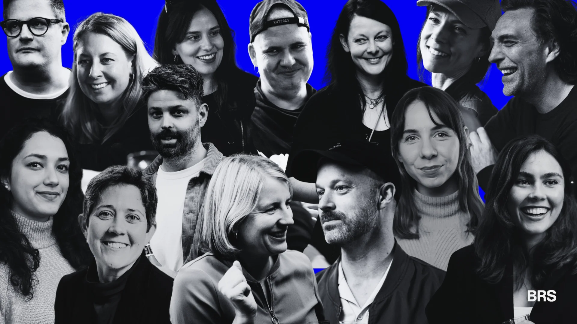 Black and white portraits of a large group of people on a bright blue background